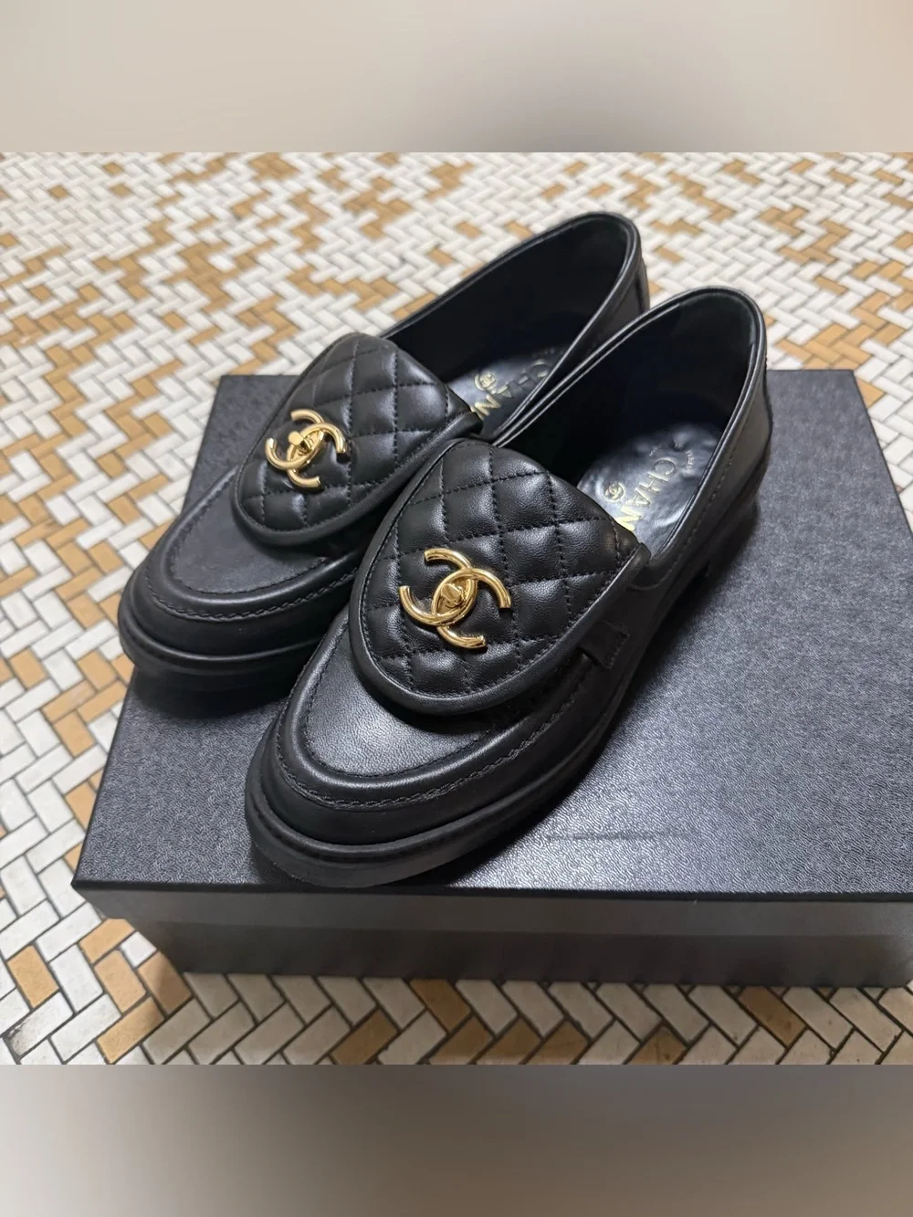 CHANEL Black Quilted Leather Loafers Gold CC Emblem